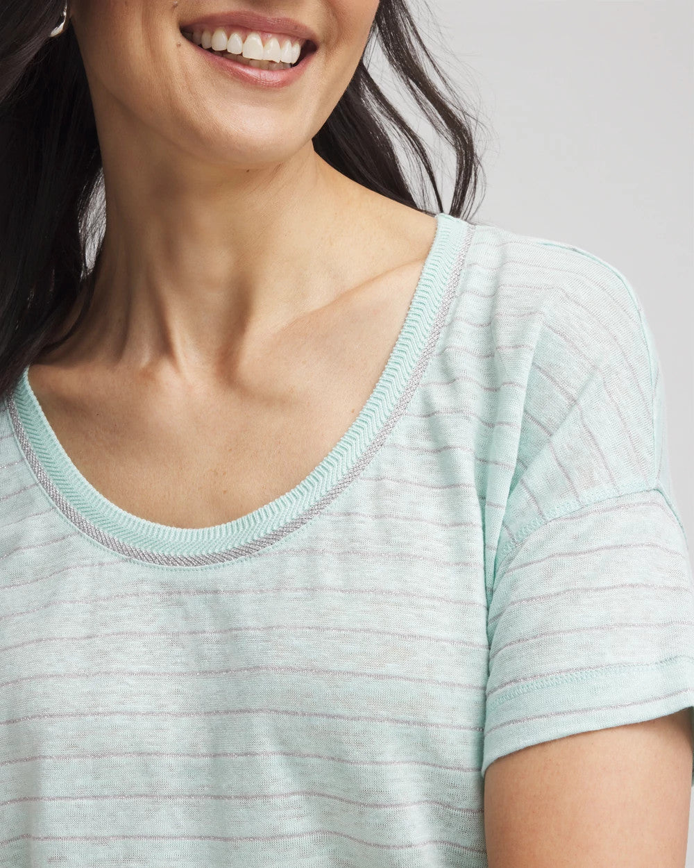 Chico's | Striped Sweater-Trim Linen Tee/ Teal Waters