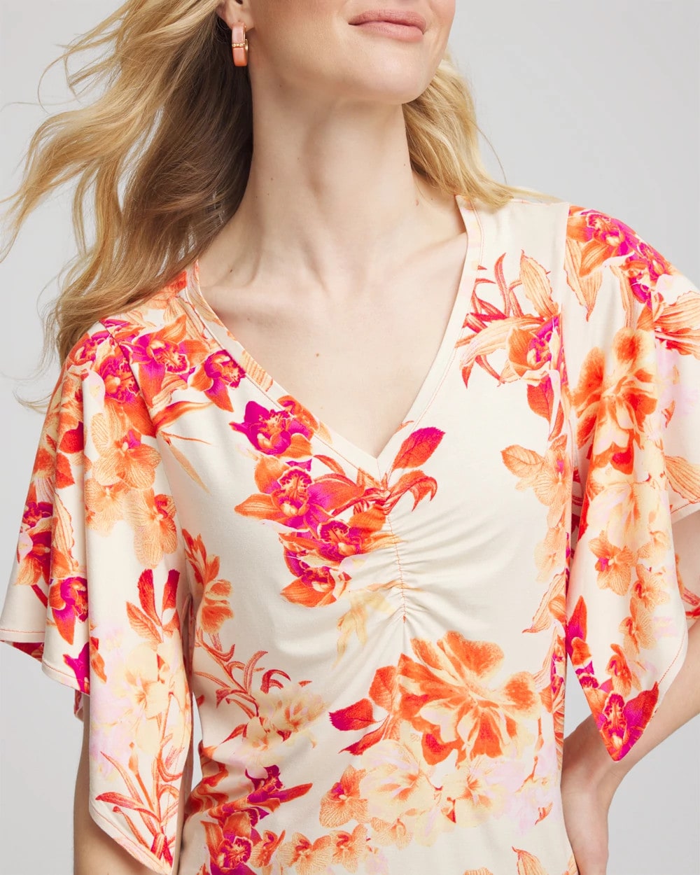 Chico's | Touch of Cool™ Handkerchief-Sleeve V-Neck Tee/ Sunset Peach