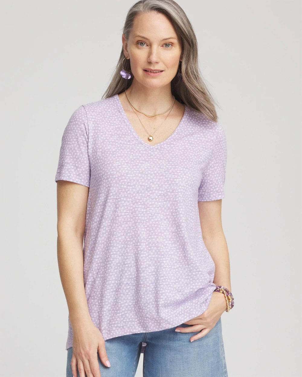 Chico's | Polka-Dot Short Sleeve Forward Seam Tee/ Gentle Lavender