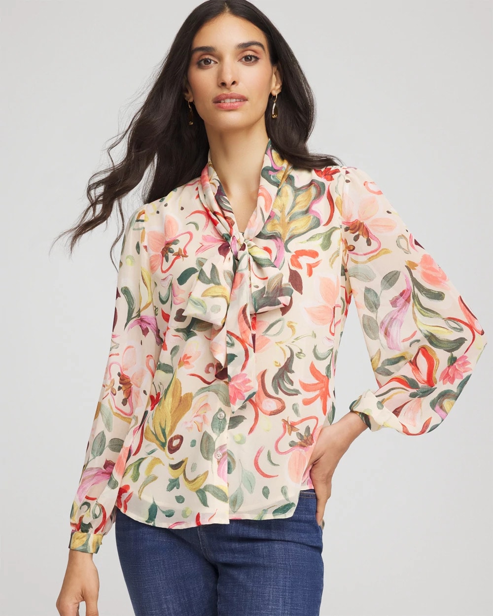 Chico's | Floral Jacquard Tie-Front Blouse/ Cashew