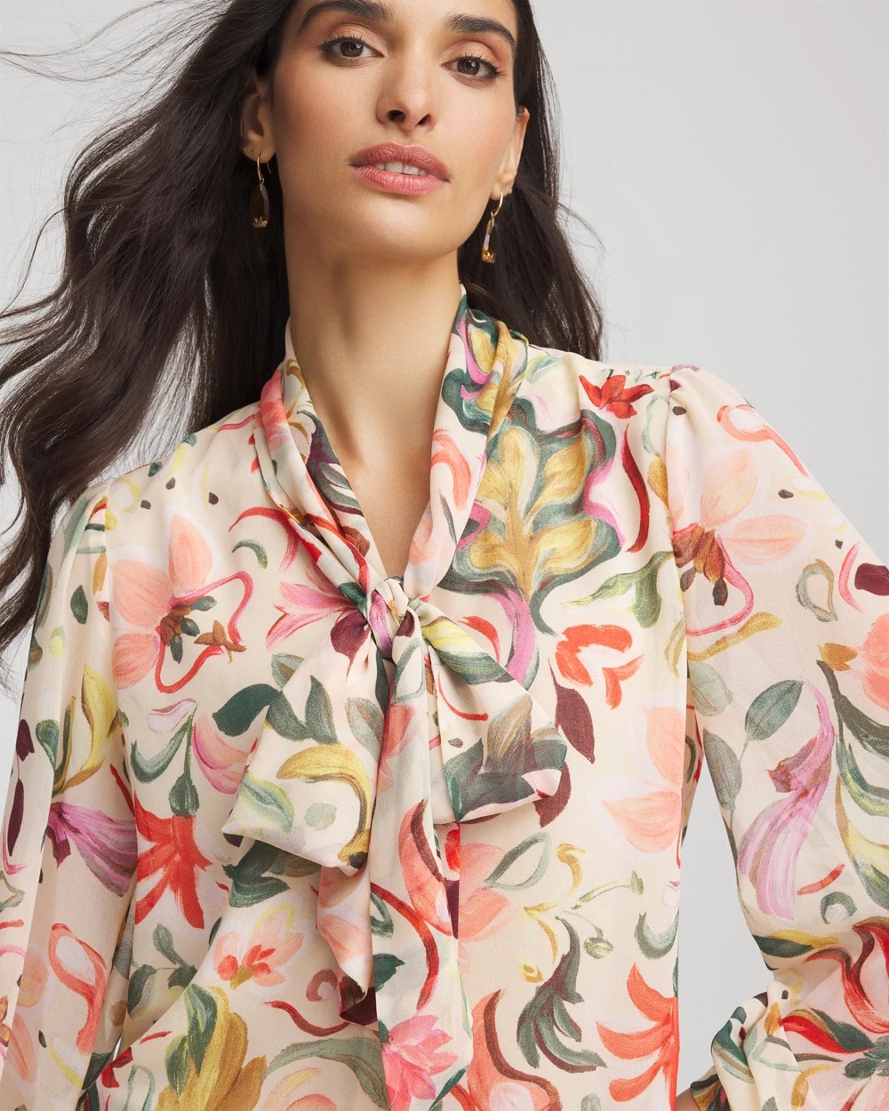 Chico's | Floral Jacquard Tie-Front Blouse/ Cashew