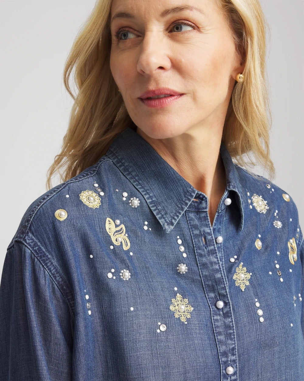 Chico's | Embellished Tencel Collar Shirt/ Kiruna Indigo