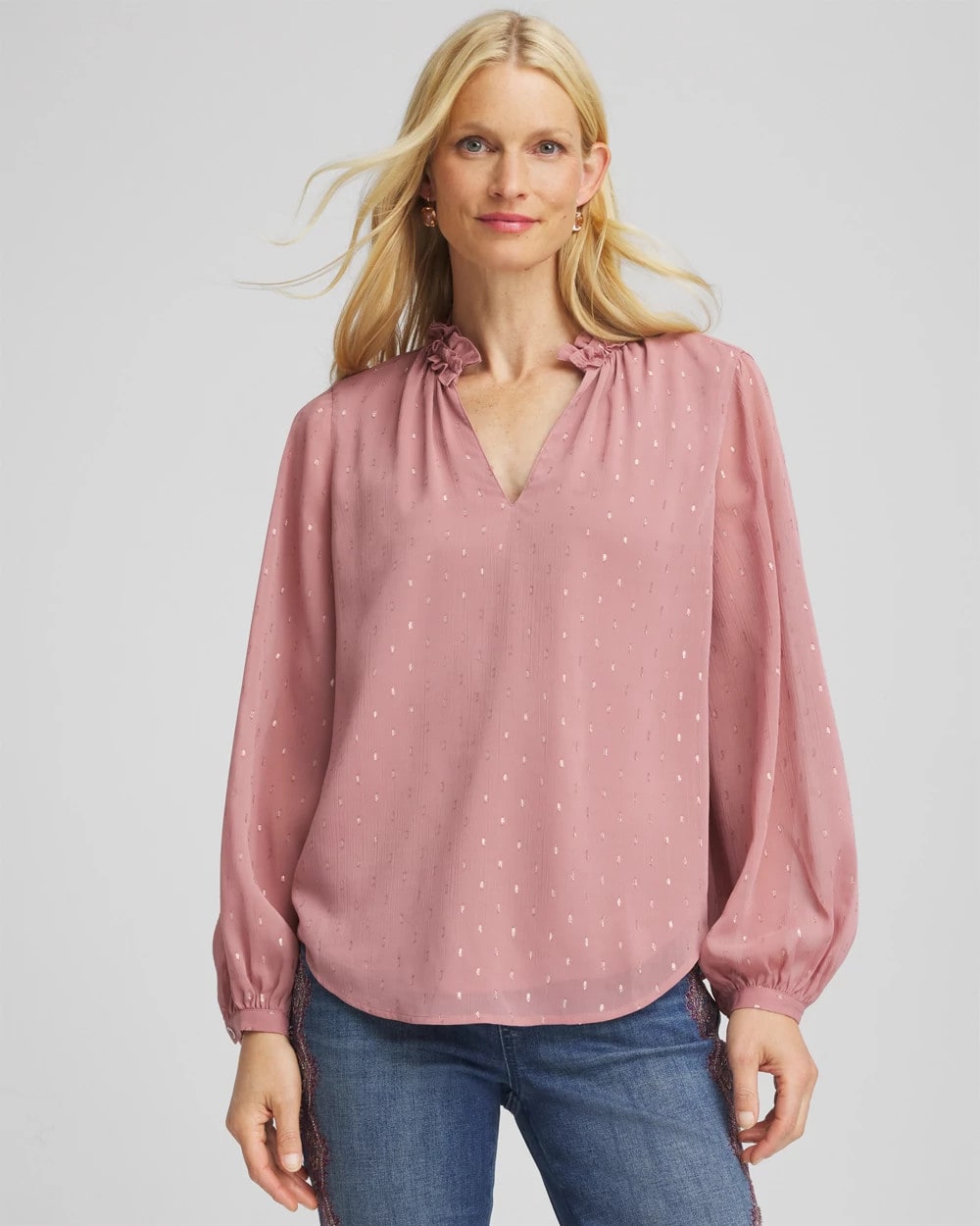 Chico's | Ruffleneck Lined Georgette Blouse/ Dusty Rose