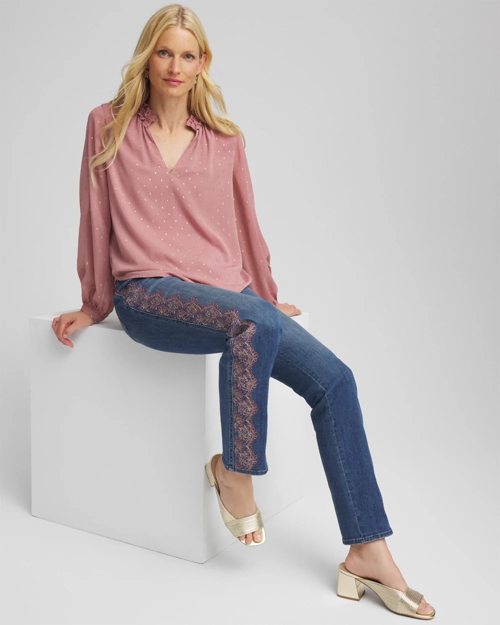 Chico's | Ruffleneck Lined Georgette Blouse/ Dusty Rose