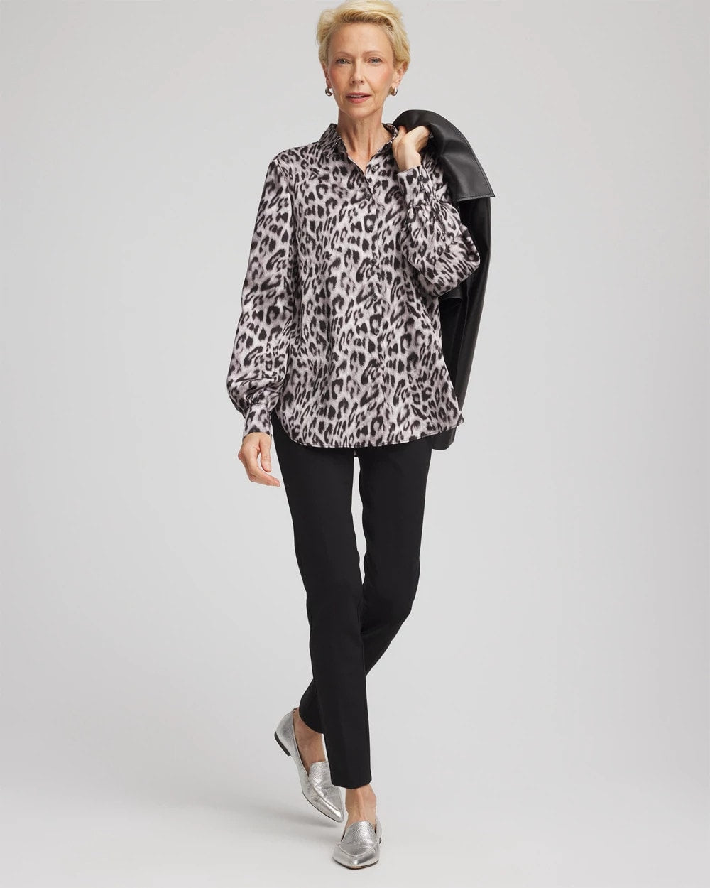 Chico's | Faux Silk Snowy Animal Shirt/ Dove Gray