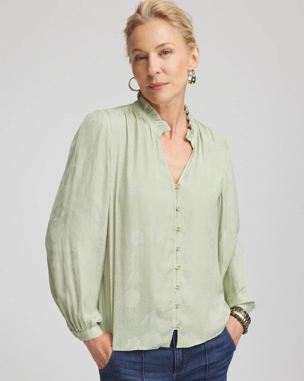 Chico's | Jacquard Georgette Peasant Blouse/ Sage Meadow