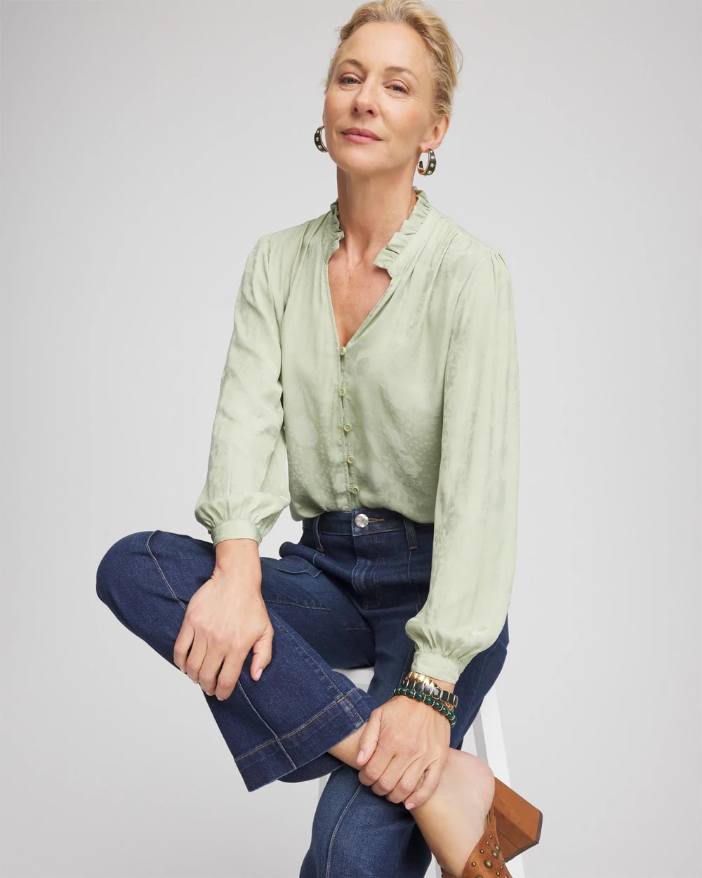 Chico's | Jacquard Georgette Peasant Blouse/ Sage Meadow
