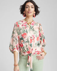 Chico's | Floral Satin Tie-Front Pullover Top/ Coral Blossom