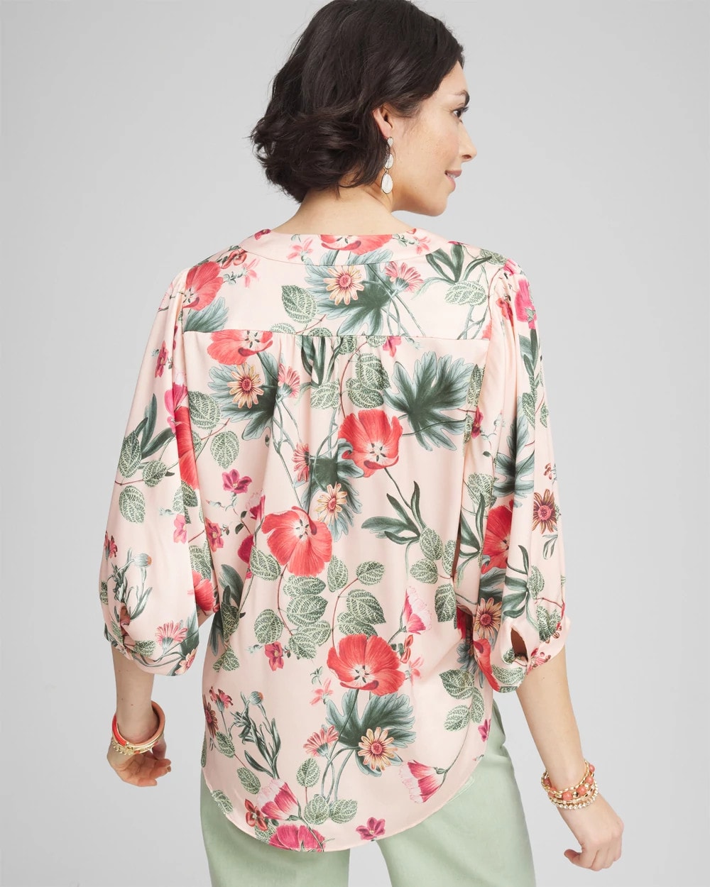 Chico's | Floral Satin Tie-Front Pullover Top/ Coral Blossom