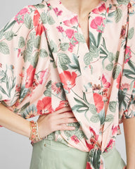 Chico's | Floral Satin Tie-Front Pullover Top/ Coral Blossom