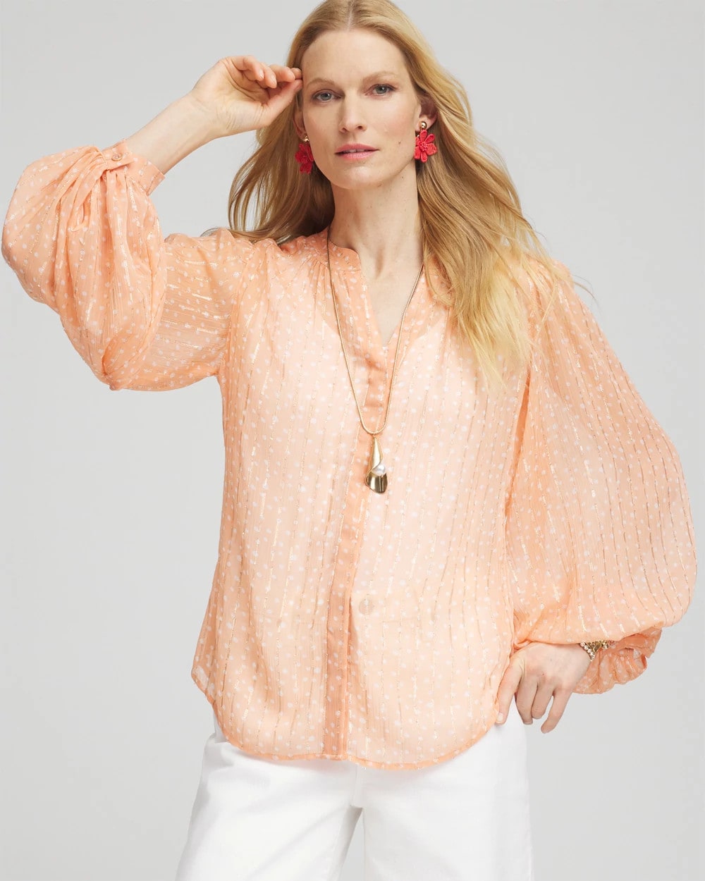Chico's | Metallic Jacquard Blouse/ Coral Blossom