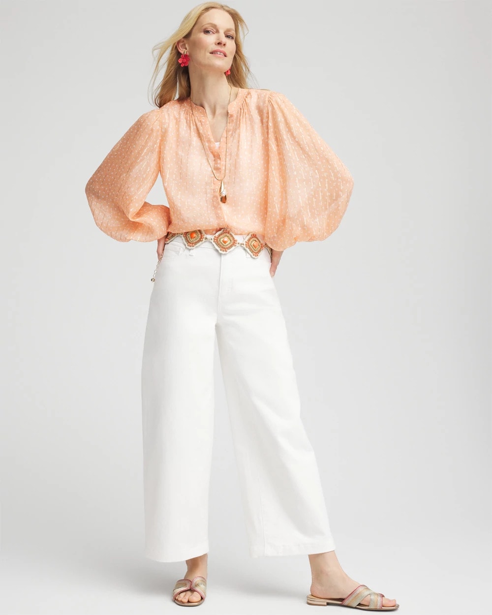 Chico's | Metallic Jacquard Blouse/ Coral Blossom