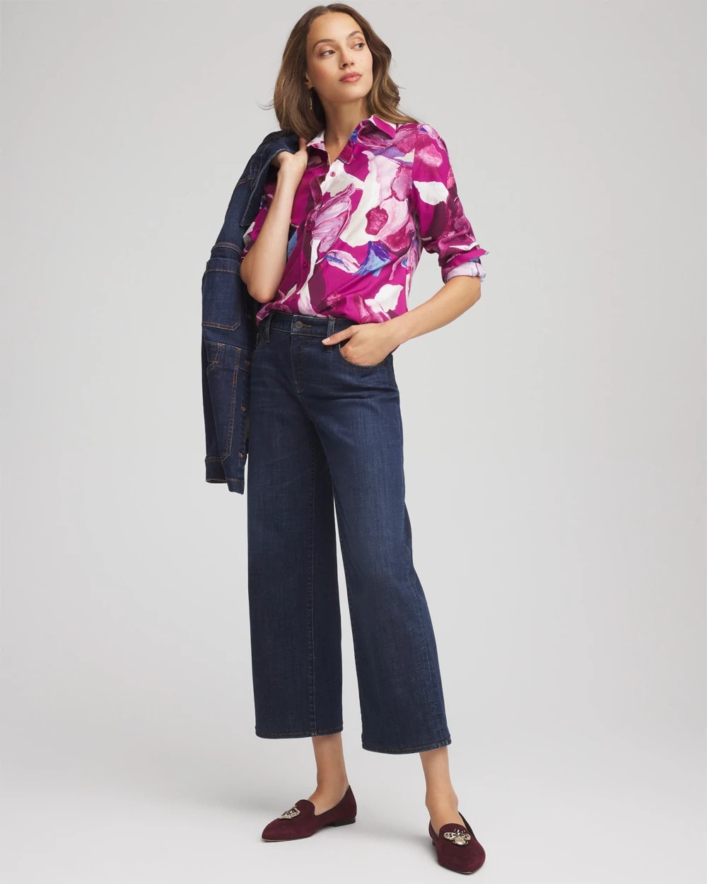 Chico's | No Iron™ Floral-Paint-Print Shirt/ Cobalt Stone