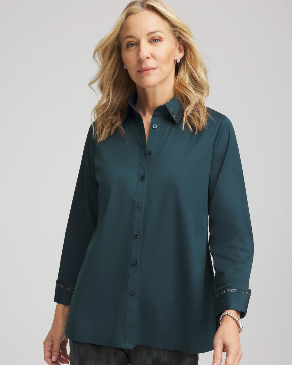 Chico's | Rhinestone Embellished Poplin Tunic/ Teal Shadow
