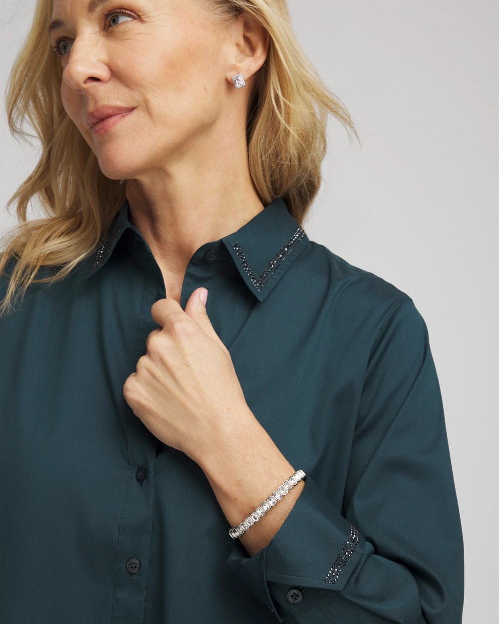Chico's | Rhinestone Embellished Poplin Tunic/ Teal Shadow