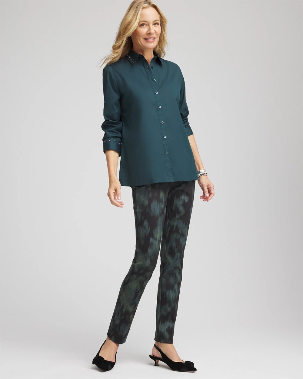 Chico's | Rhinestone Embellished Poplin Tunic/ Teal Shadow