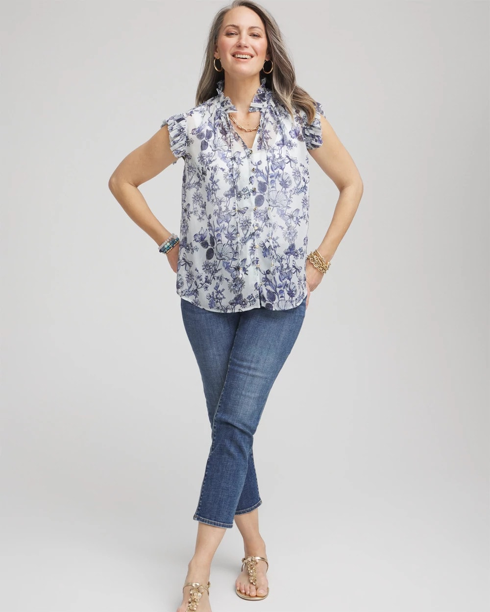 Chico's | Butterfly Ruffle Collar Blouse/ Pale Turq Blue