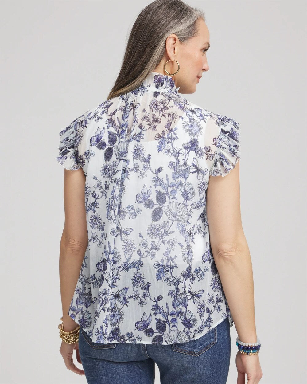 Chico's | Butterfly Ruffle Collar Blouse/ Pale Turq Blue