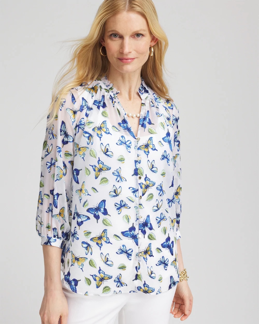 Chico's | Ruffle Collar Butterfly Burnout Blouse/ Blue Casa