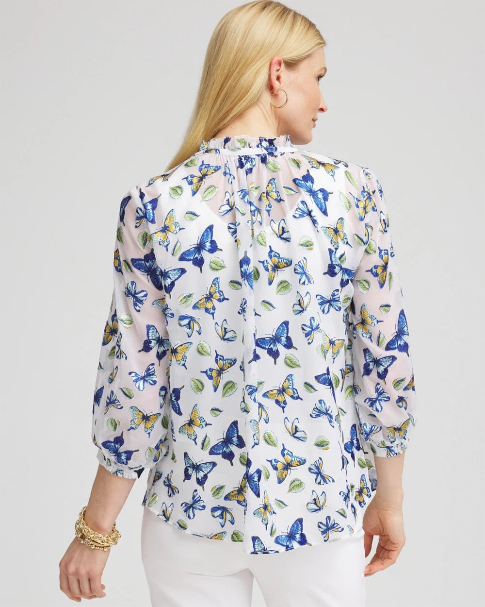 Chico's | Ruffle Collar Butterfly Burnout Blouse/ Blue Casa