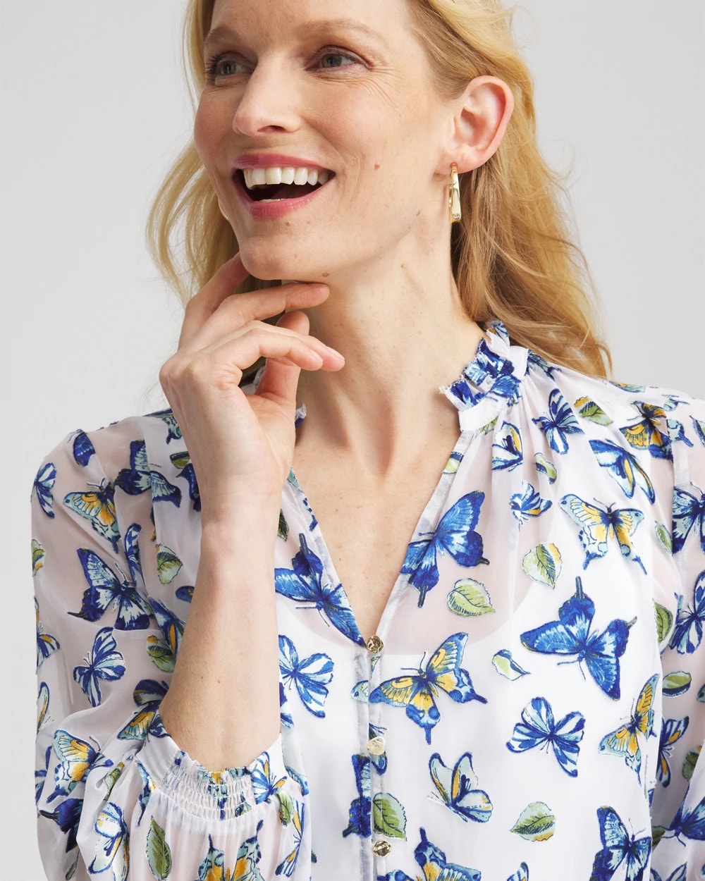 Chico's | Ruffle Collar Butterfly Burnout Blouse/ Blue Casa