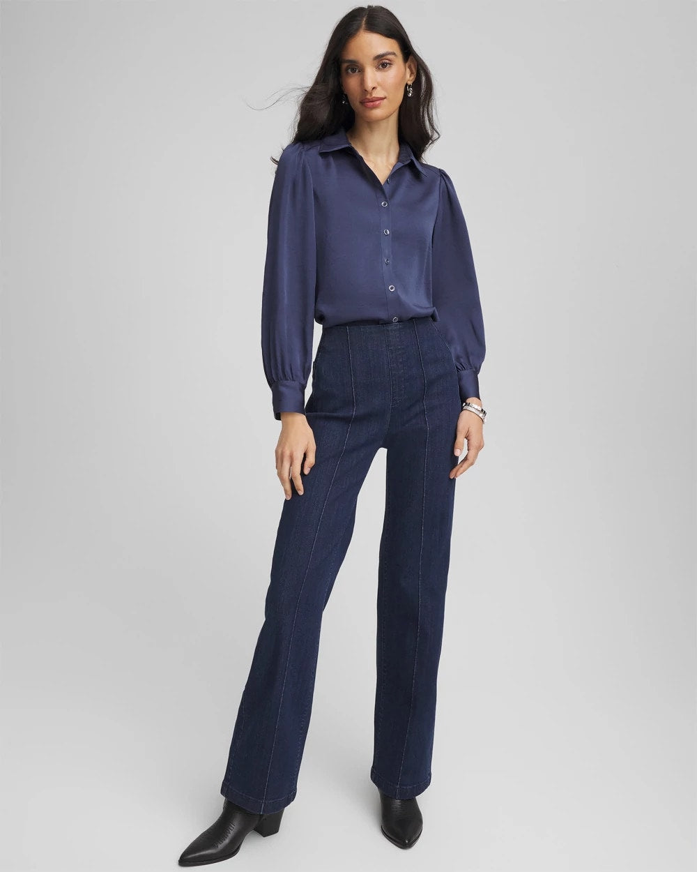 Chico's | Puff Sleeve Satin Blouse/ Indigo Sky