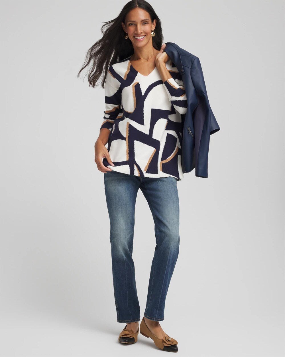 Chico's | Geo Intarsia V-Neck Tunic/ Passport Blue