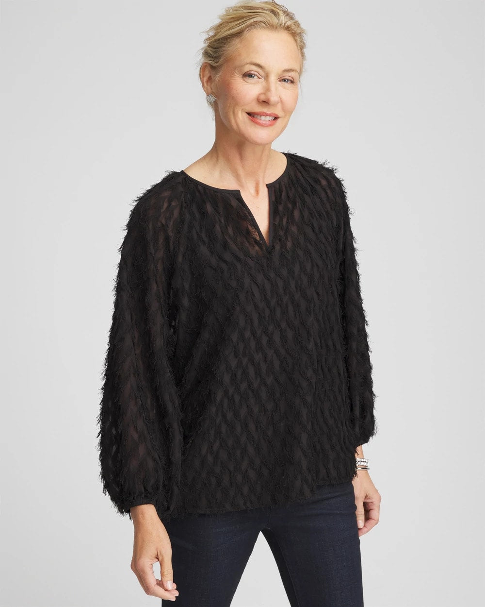 Chico's | Feathered Pullover Peasant Blouse/ Black