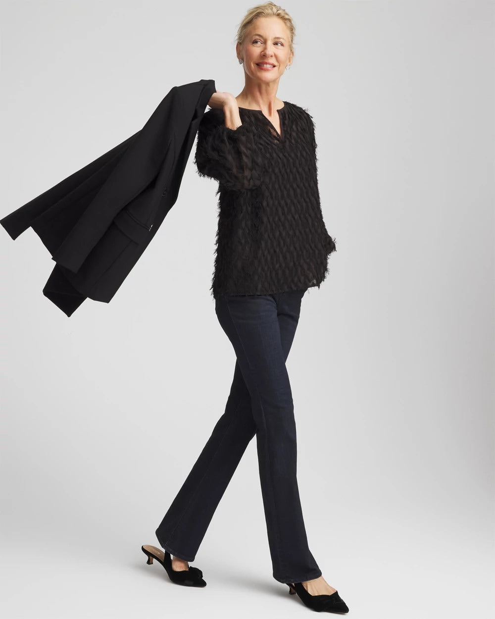 Chico's | Feathered Pullover Peasant Blouse/ Black