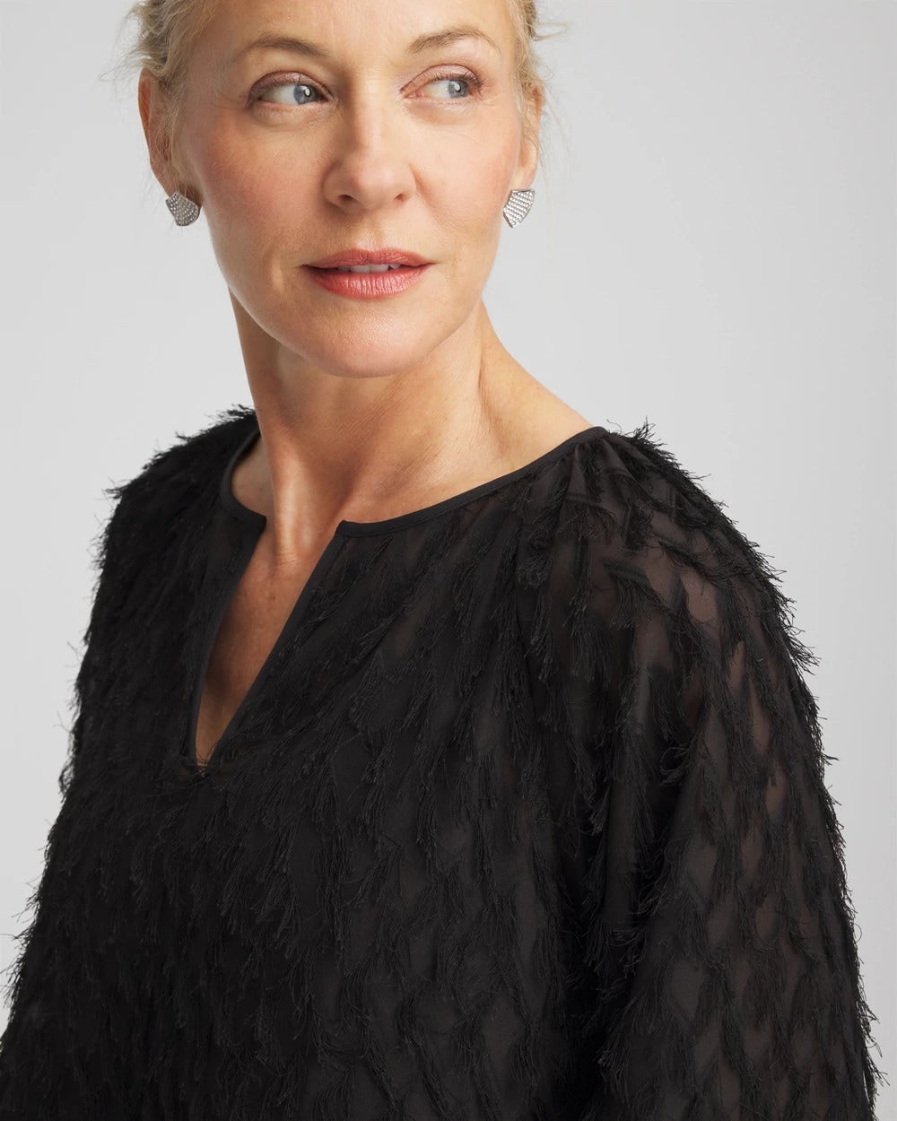 Chico's | Feathered Pullover Peasant Blouse/ Black