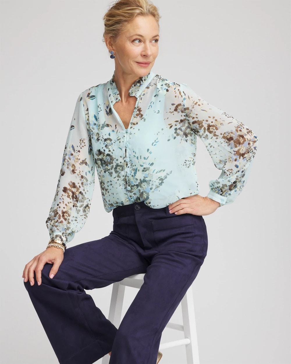 Chico's | Floral Georgette Peasant Blouse/ Blue Menthe