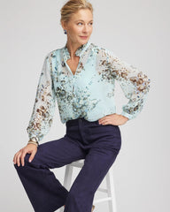 Chico's | Floral Georgette Peasant Blouse/ Blue Menthe