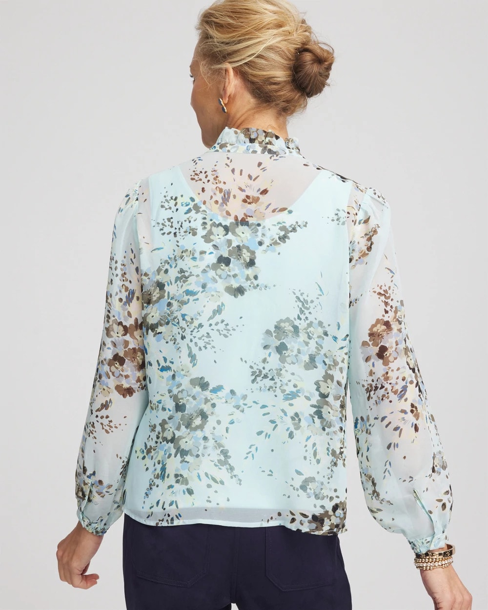 Chico's | Floral Georgette Peasant Blouse/ Blue Menthe