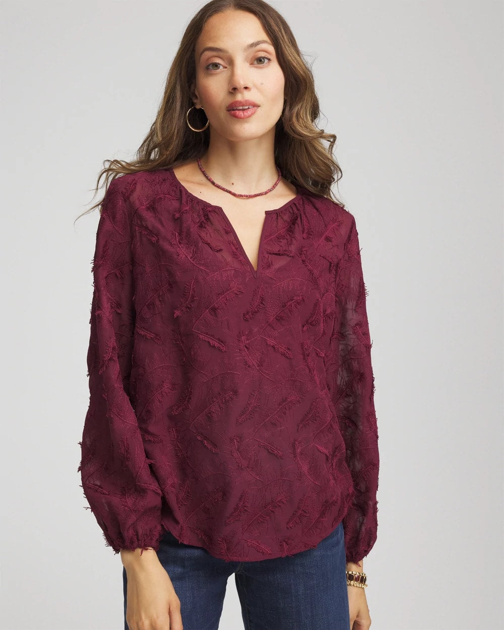 Chico's | Feathered Pullover Peasant Blouse/ Deep Chianti