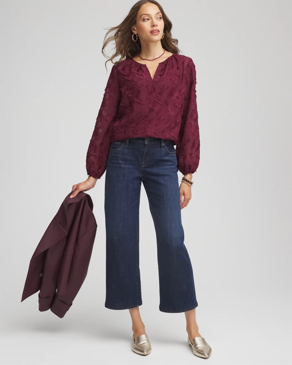 Chico's | Feathered Pullover Peasant Blouse/ Deep Chianti