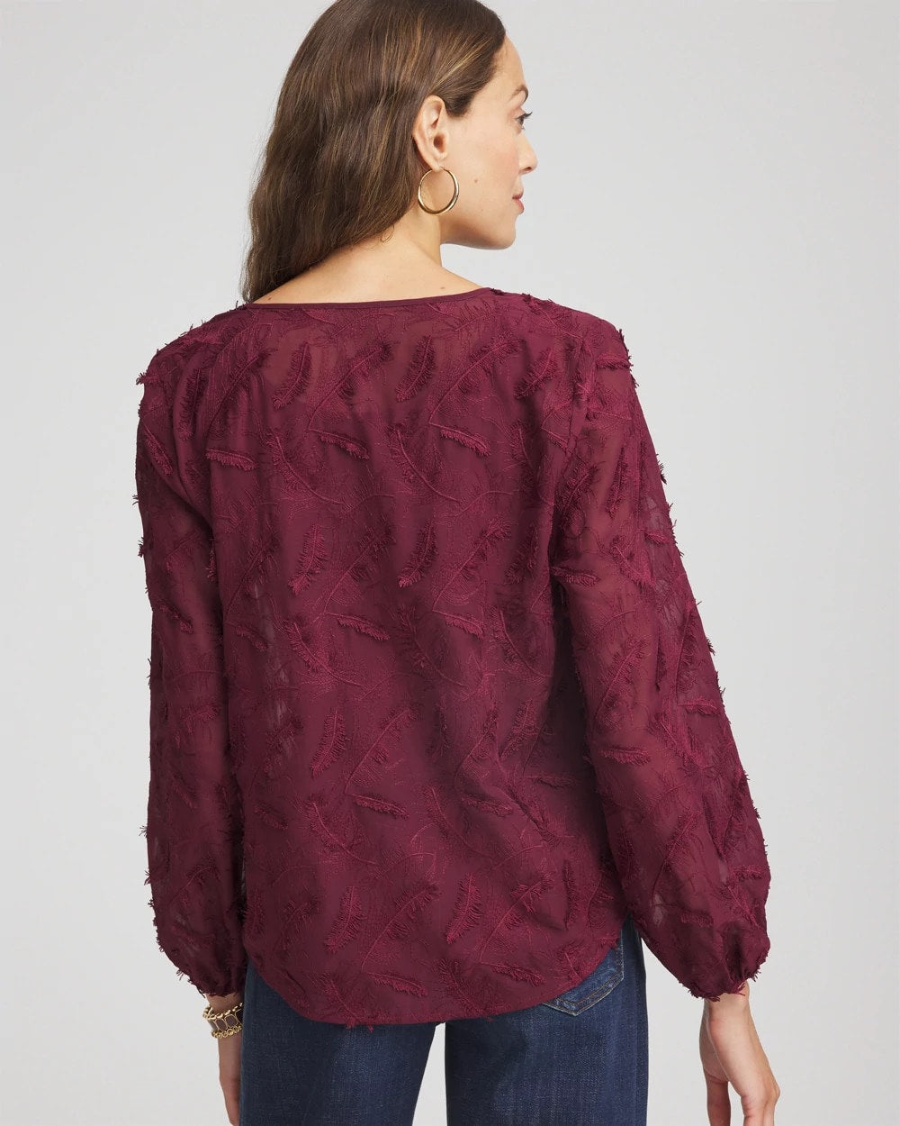 Chico's | Feathered Pullover Peasant Blouse/ Deep Chianti