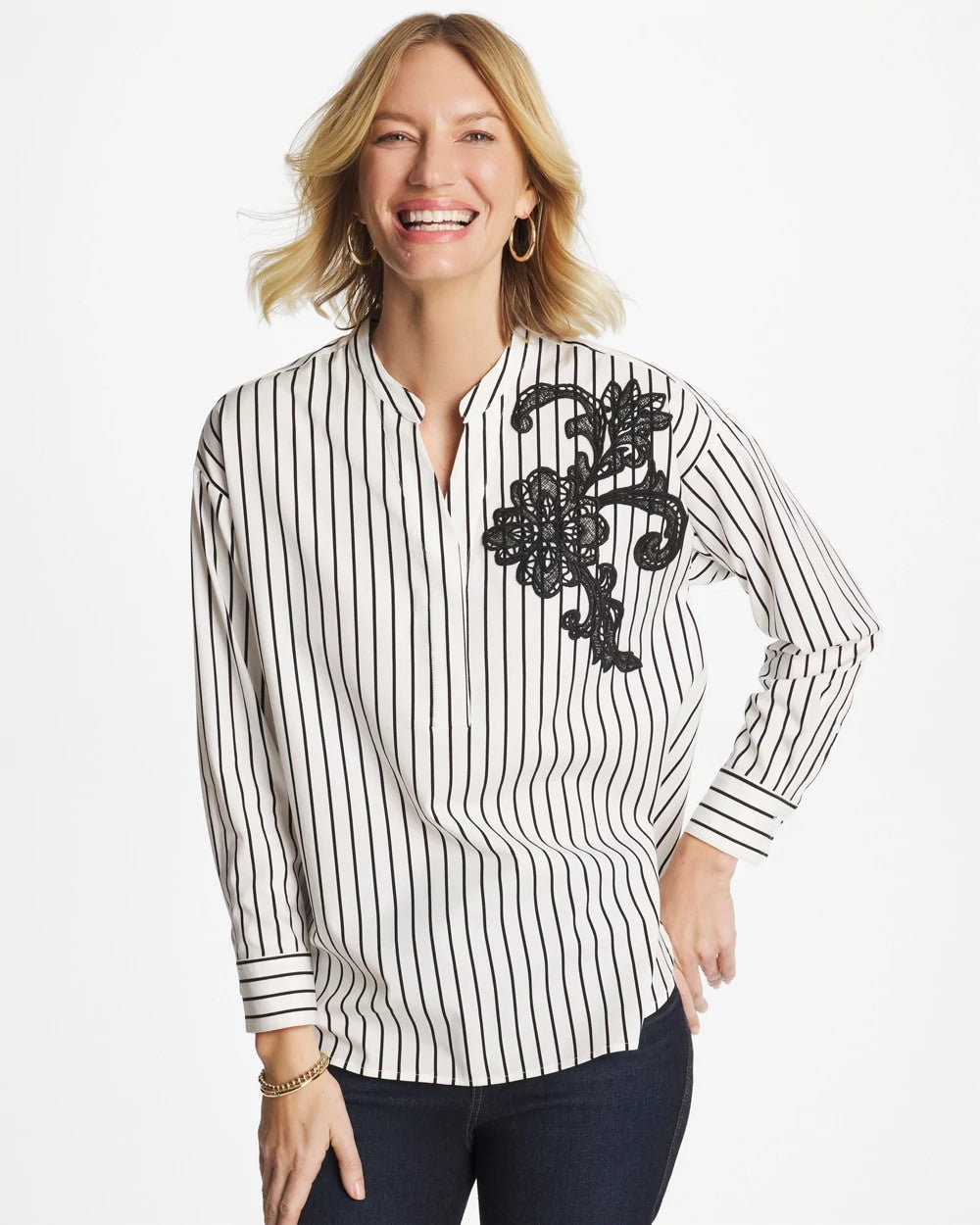 Chico's | Striped Poplin Applique Tunic/ Black