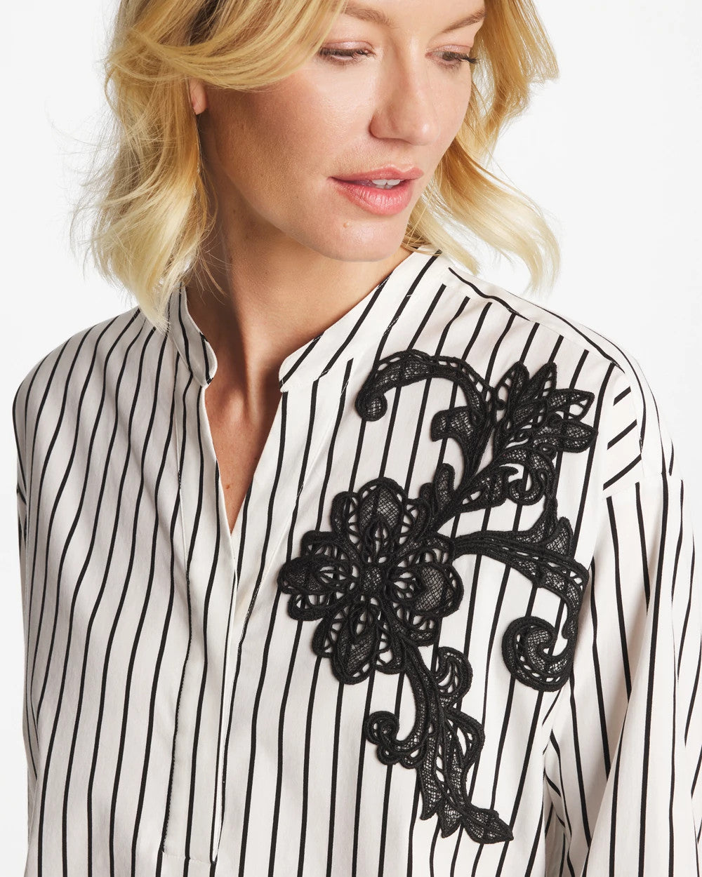 Chico's | Striped Poplin Applique Tunic/ Black
