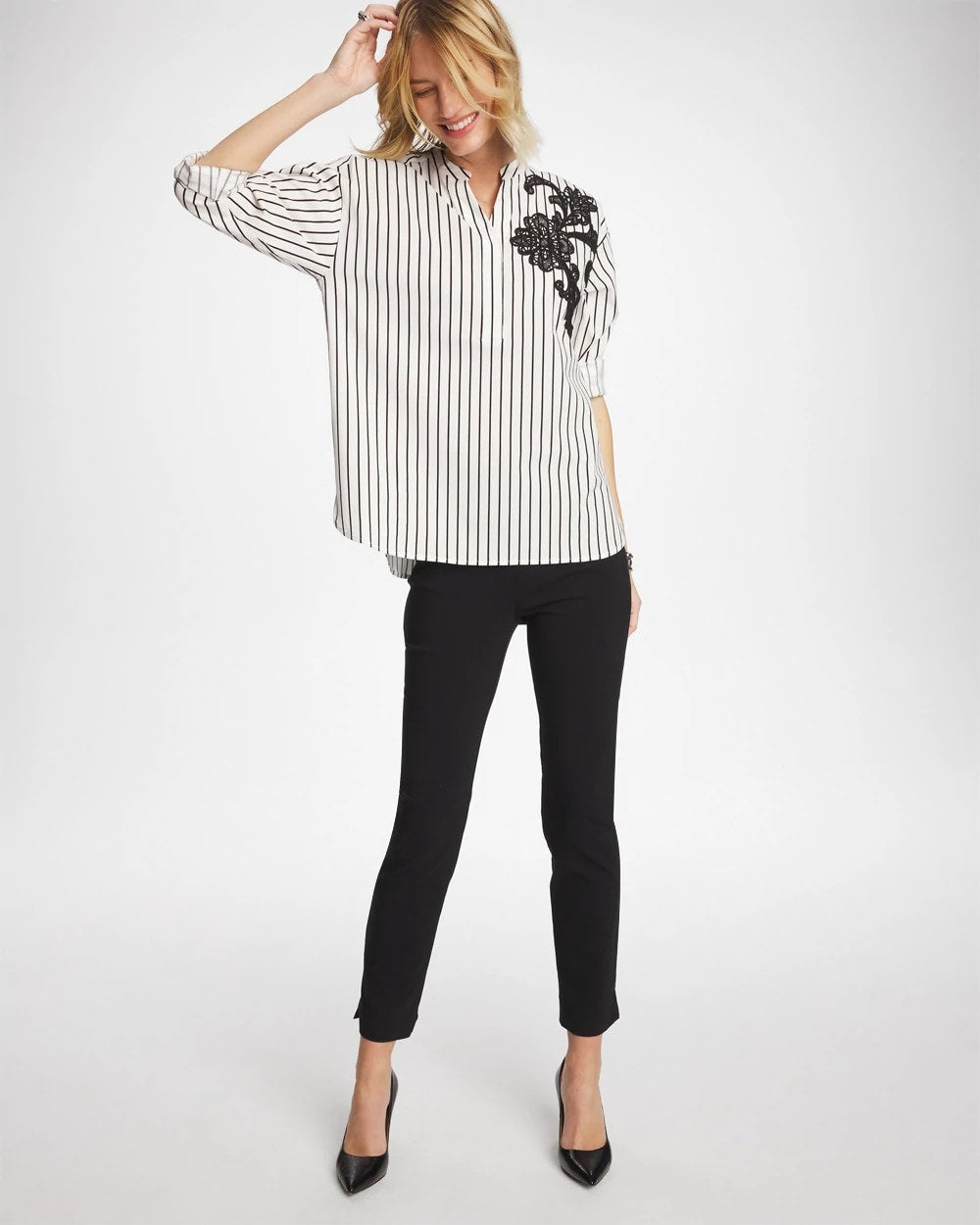 Chico's | Striped Poplin Applique Tunic/ Black