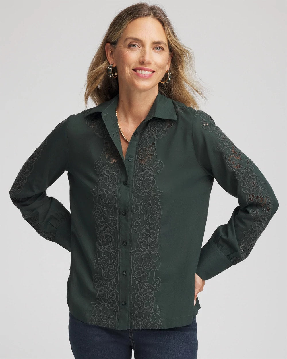 Chico's | Lace Cotton Voile Shirt/ Darkest Spruce