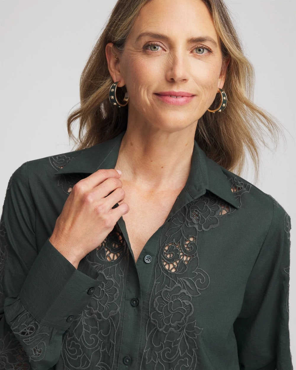 Chico's | Lace Cotton Voile Shirt/ Darkest Spruce
