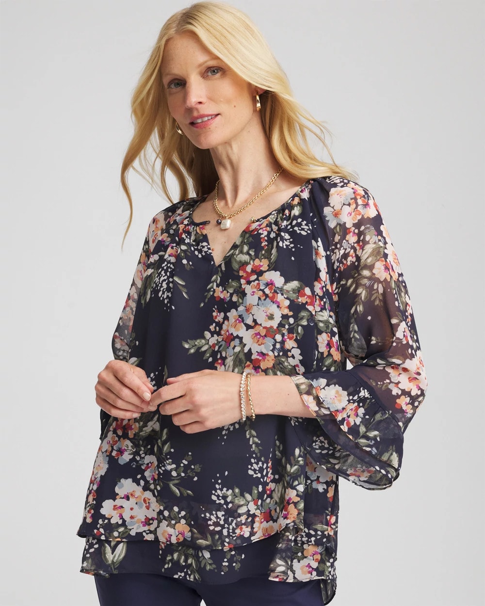 Chico's | Floral Georgette Blouse/ Passport Blue