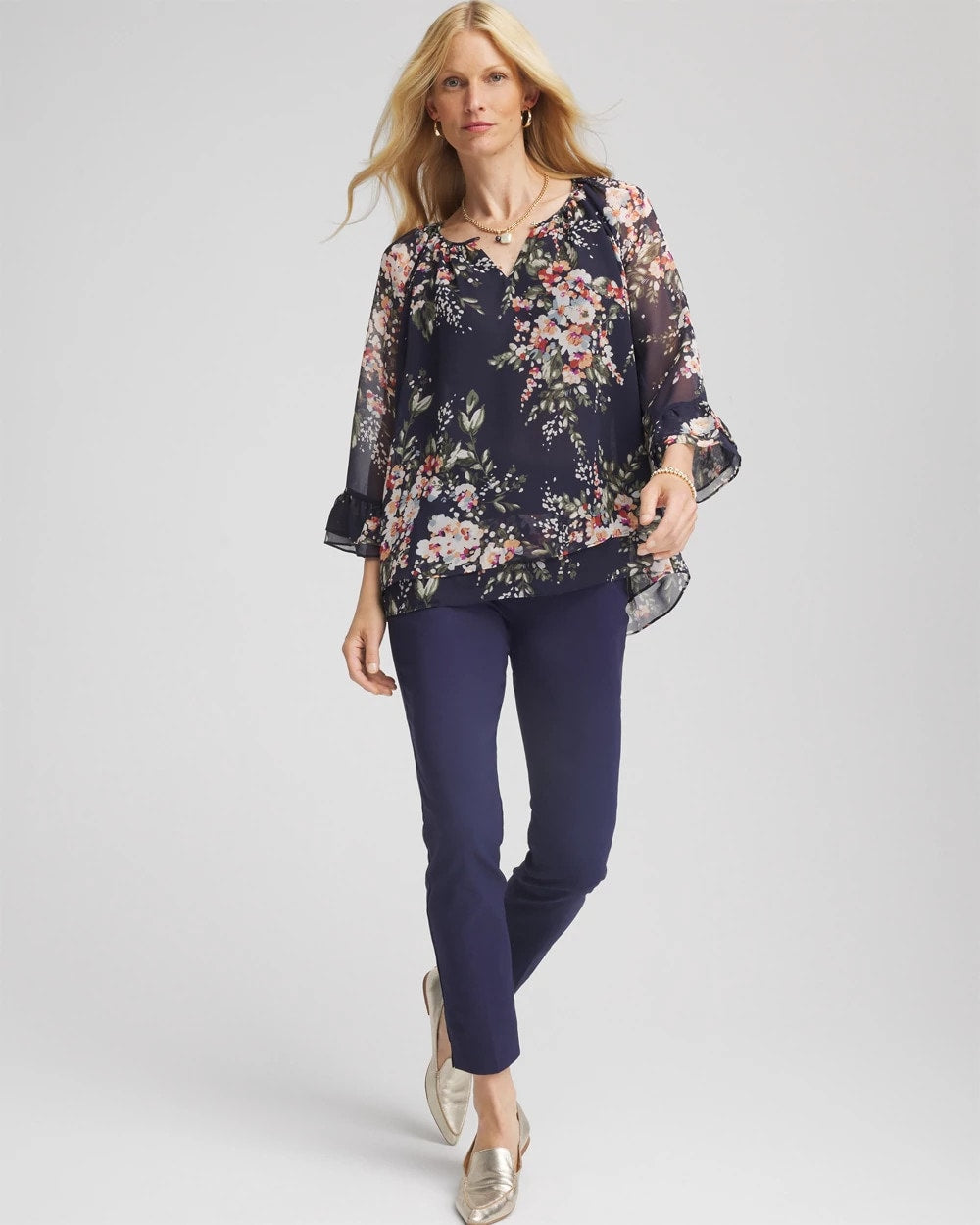 Chico's | Floral Georgette Blouse/ Passport Blue
