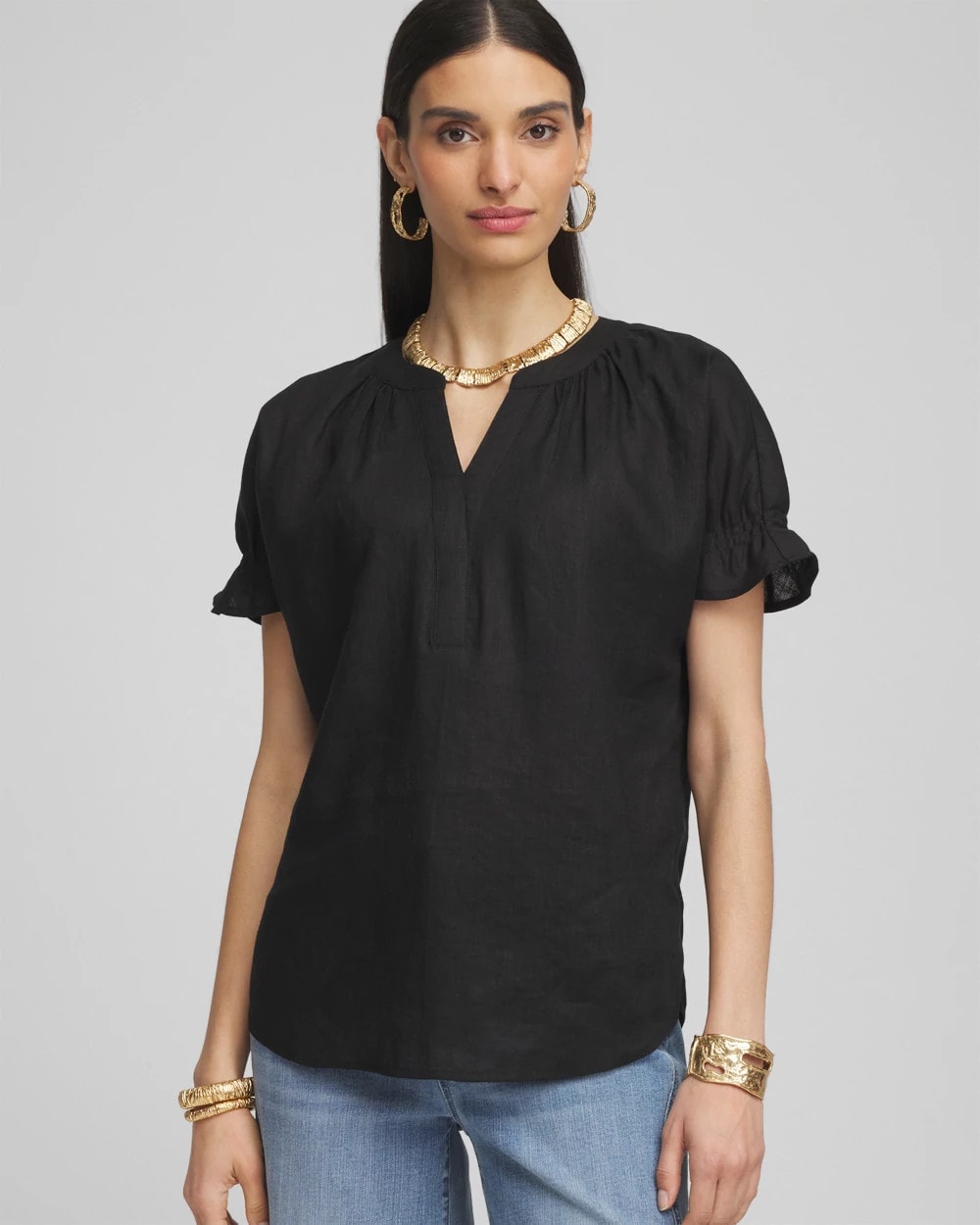 Chico's | Linen Flutter-Sleeve Popover Top/ Black