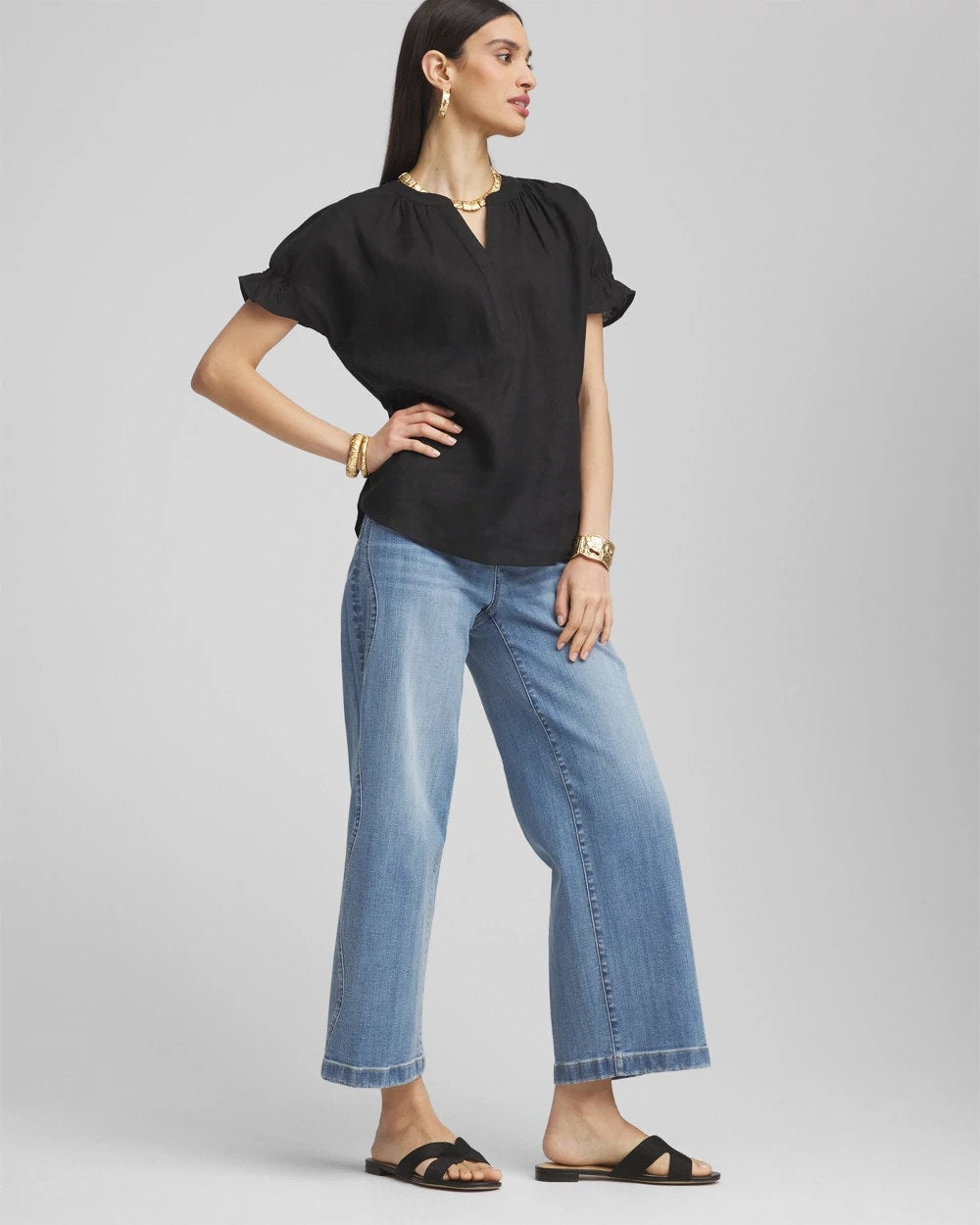 Chico's | Linen Flutter-Sleeve Popover Top/ Black