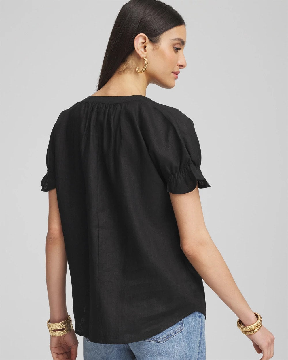 Chico's | Linen Flutter-Sleeve Popover Top/ Black