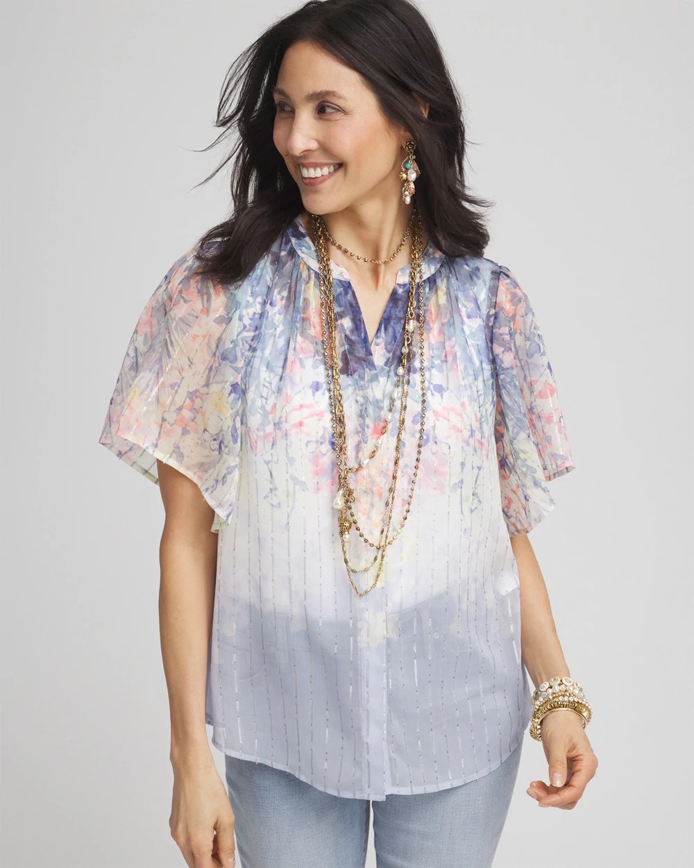 Chico's | Jacquard Flutter-Sleeve Blouse/ Blue Pearl