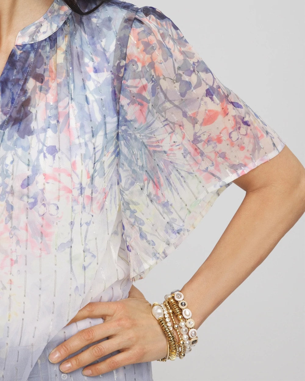 Chico's | Jacquard Flutter-Sleeve Blouse/ Blue Pearl