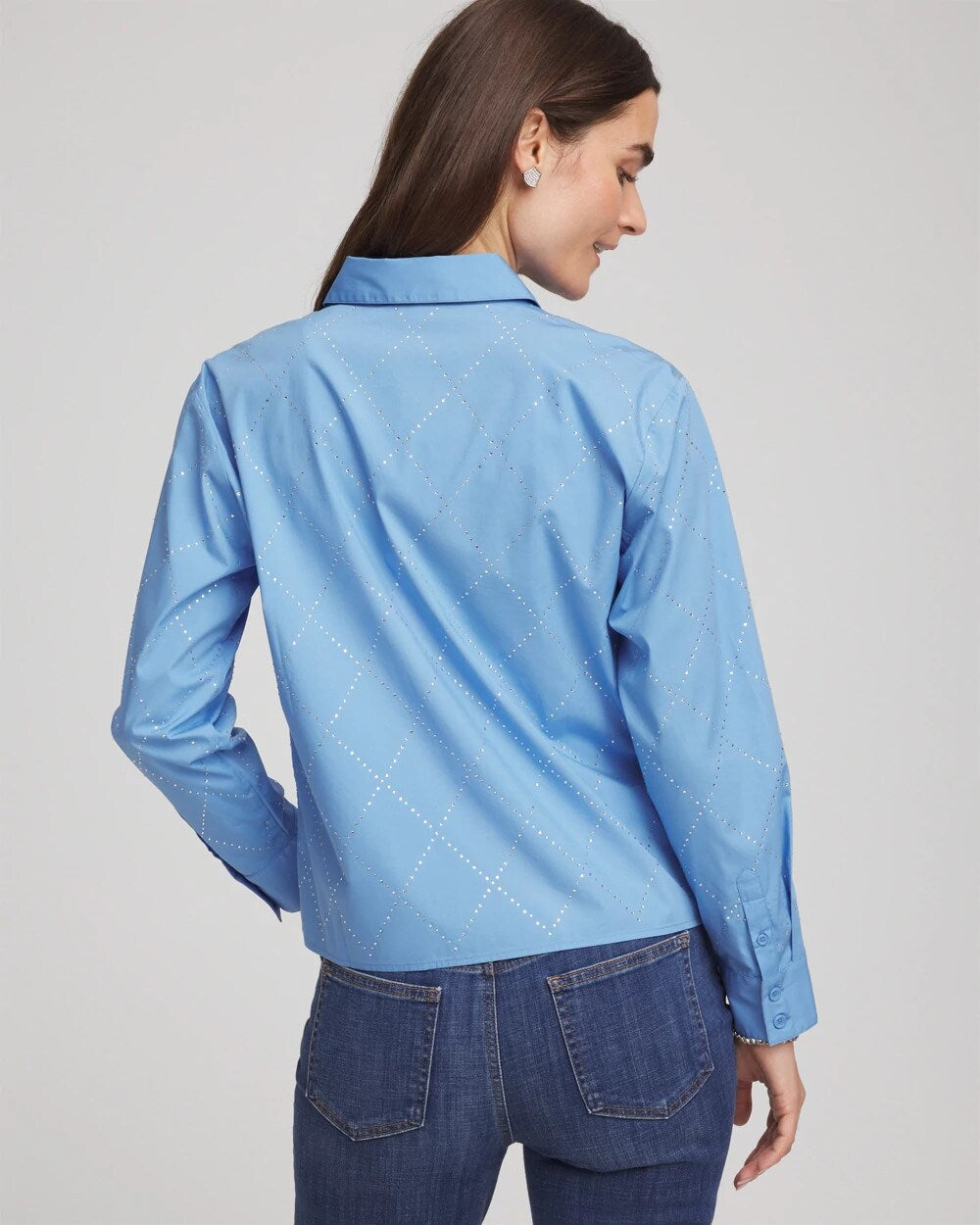 Chico's | Embellished Stretch Cotton Collared Shirt/ Tidal Blue