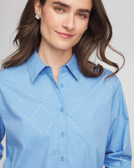 Chico's | Embellished Stretch Cotton Collared Shirt/ Tidal Blue